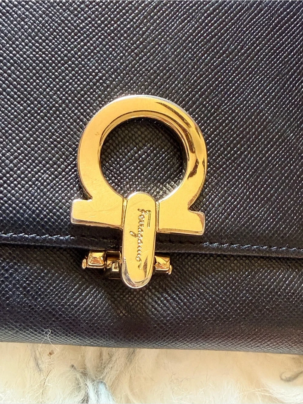Salvatore Ferragamo Black Leather Gancini Clasp Wallet with Gold Hardware